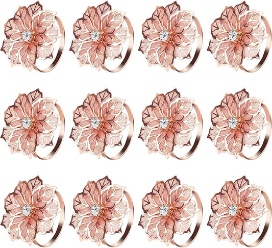 KPOSIYA Hollow Out Flower Napkin Ring Holder Metal Napkin Rings Set of 20 for Wedding Party Holiday Banquet Christmas Dinner Delicate Serviette Buckles Decor Favor (20, Flower-Rose Gold)