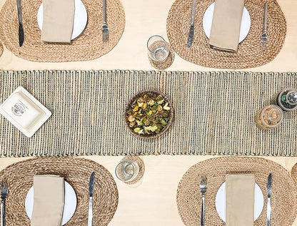 Chardin home Natural Jute Table Runner 13x90 Inch – Vintage Boho Rustic Table Decor – Handwoven Table Runner in Natural Jute and Green – Farmhouse Dining or Console Table Accent