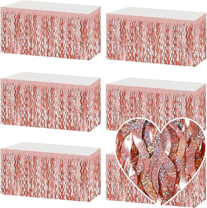 6 Pack 29x108 Inch Rose Gold Wave Foil Fringe Table Skirts Metallic Banner for Tinsel Streamer Garland Backdrop for Parade Floats Mother's, Graduate, Mardi Gras, Birthday, Wedding Party Decorations