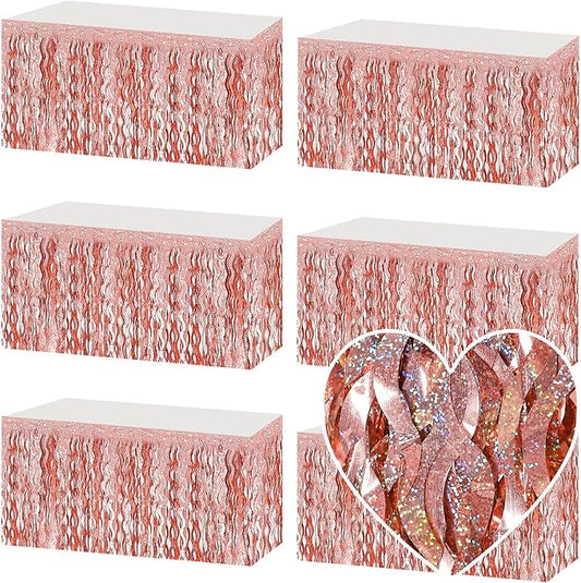 6 Pack 29x108 Inch Rose Gold Wave Foil Fringe Table Skirts Metallic Banner for Tinsel Streamer Garland Backdrop for Parade Floats Mother's, Graduate, Mardi Gras, Birthday, Wedding Party Decorations