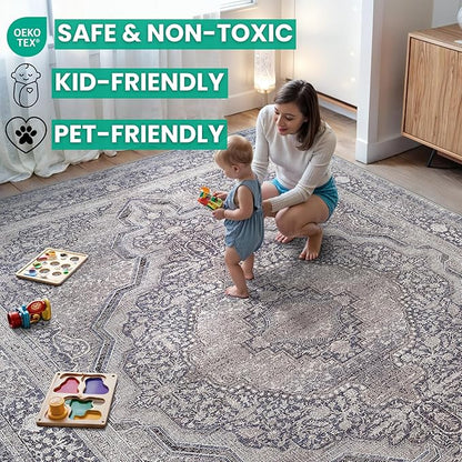 Bloom Rugs Washable Non-Slip 8' x 10' Rug - Blue/Steel Gray/Beige Traditional Medallion Area Rug for Living Room, Bedroom, Dining Room, and Kitchen - Exact Size: 8' x 10'