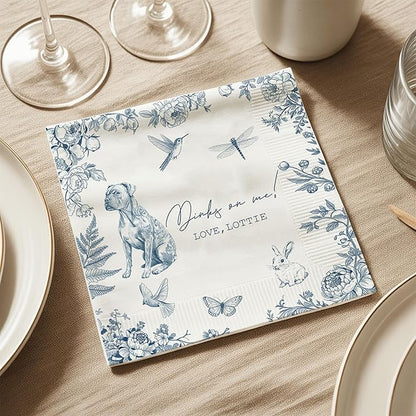 Luxury Personalized Dog Wedding Napkins, Custom Wedding Cocktail Napkins, Blue Floral Cocktail Napkin, Napkin for Pet Lovers, Anniversary, Bridal, Engagement Party, Bridal Shower