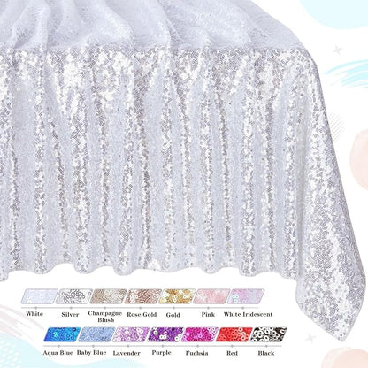 QueenDream Sequin Tablecloth Silver Rectangle Table Cloth - 50x80 Inch Glitter Fabric Overlay for Birthday Wedding Party