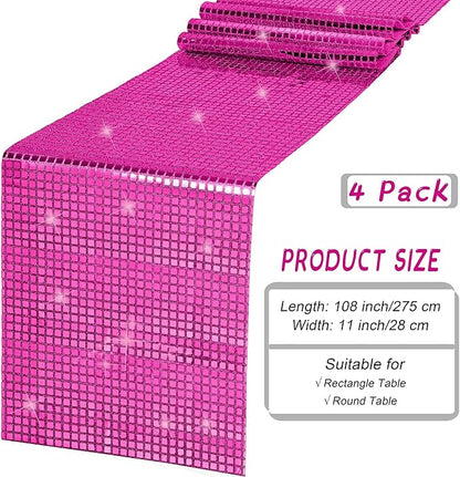 Durony 4 Pack Disco Table Runner 11 x 108 Inch Mirror Hot Pink Glitter Foil With Sparkle Sequin for Bachelorette, 70s, Cowgirl Party Decorations