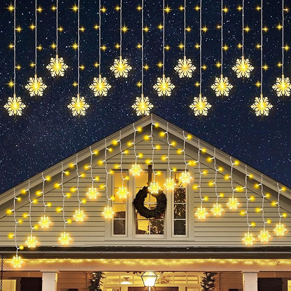 150 LED Christmas Icicle Lights with Snowflakes, Hanging Snowflake Light with 8 Modes, Connectable Warm White Icicle Lights for Outside, Roof, Window, Holiday Party Decor