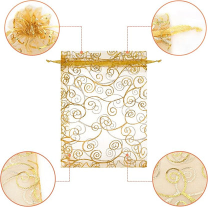 Staruby Organza Gift Bags 100Pcs Gold Sheer Organza Bag 5x7 Inch Mesh Favor Bags Drawstring Jewelry Rattan Printed Gift Pouches for Wedding Party Favors Couple Shower Christmas Gifts Candy Bags