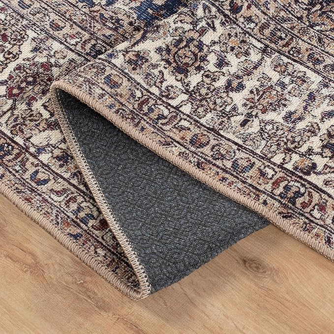 Bloom Rugs Washable Non-Slip 4' x 6' Rug - Dark Blue/Beige Traditional Medallion Area Rug for Living Room, Bedroom, Dining Room, and Kitchen - Exact Size: 4' x 6'
