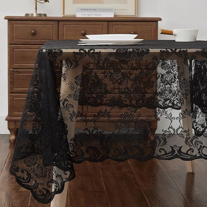 LinenZone Black Rectangle Tablecloth for Rustic Vintage Decor. Sheer Lace Table Cloth Works Great As Wedding Tablecloth or Thanksgiving Table Cover. (Mia TC 60 x 120, Black)
