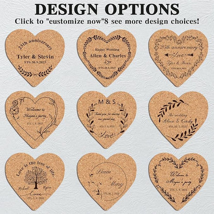 Custom Coasters Personalized Cork Coasters Bulk with Logo Wedding Personalized Cork Natural Wood Engraved Drink for Wedding Favors (Cork Coasters - Heart)