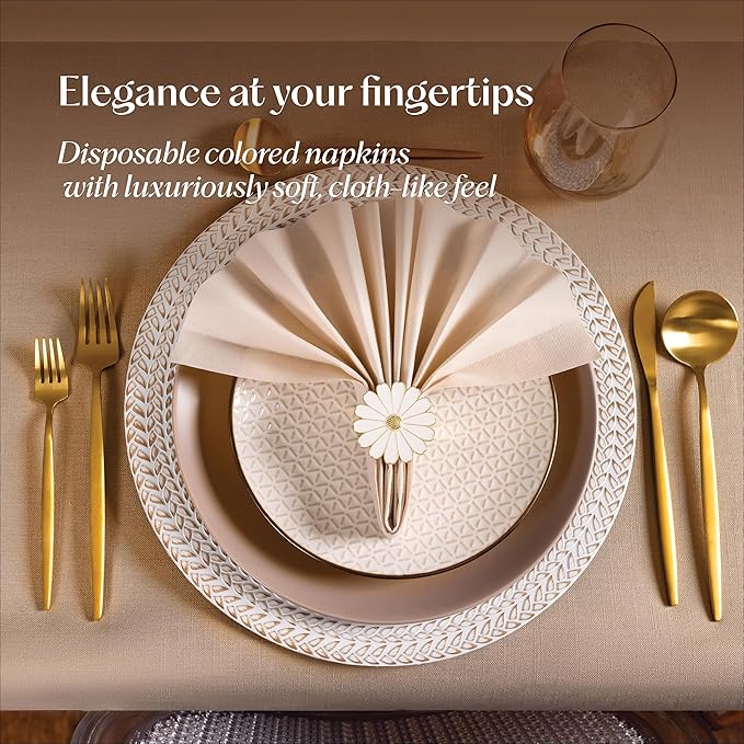 200-Pack Disposable Linen-Feel Champagne Napkins, 12" x 17" Cloth-Like Paper Dinner Napkins For Wedding, Bathroom, Party Or Event