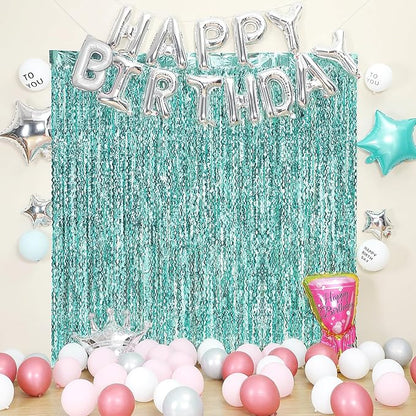 3 Pack Teal Aqua Blue Wave Foil Curtains - 3.3 ft x 6.6 ft Tinsel Metallic Streamers for Photo Booth Birthday Wedding Girl Princess Bachelorette Euphoria Theme Party Decorations