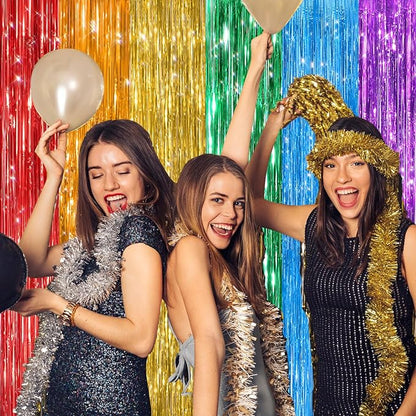 2Pack Rainbow Foil Fringe Curtains Backdrop Decorations, Rainbow Metallic Tinsel Foil Streamers Curtain Photo Booth Background for Birthday Wedding Engagement Bridal Shower Unicorn Party Decorations