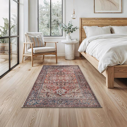 Bloom Rugs Washable Non-Slip 3' x 5' Rug - Terracotta/Blue Traditional Medallion Area Rug for Living Room, Bedroom, Dining Room, and Kitchen - Exact Size: 3' x 5'