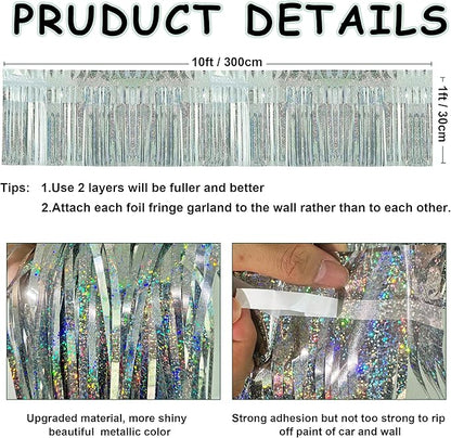 4 Pack Each 10 Feet Glitter Silver Parade Float Decorations for Trailer Car, Glitter Foil Fringe Metallic Tinsel Streamers Banner Garland for Graduation Weeding Homecoming Birthday(Glitter-Silver)