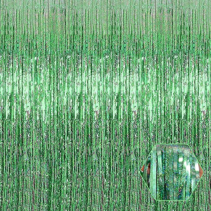 6 Pack Light Green Foil Fringe Curtain Backdrop, 3.28Ft x 8.2Ft Metallic Tinsel Foil Fringe Streamer Curtains for Photo Booth, Valentine's Day, Christmas Day, New Year, Wedding Party Decorations