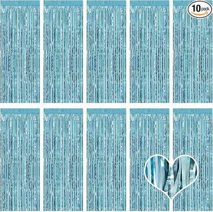 10 Pack Blue Backdrop Curtain 3.2ft x 8.2ft Metallic Tinsel Foil Fringe Curtains Photo Booth Background for Birthday Party Decoration Baby Shower Engagement Wedding Christmas Decoration (Blue)