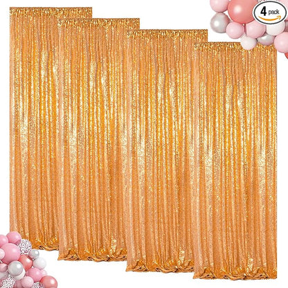 ShinyBeauty Gold Sequin Curtains 4 Panels Golden Backdrop Photo Backdrops Shimmer Background Birthday Party Weeding Decor Glitter Fabric Curtain (2FTx8FT)