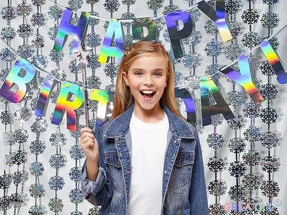 GREATRIL Silver Blue Snowflake Fringe Curtain Winter Onederland Streamers Backdrop with Sparkling Snowflake for Christmas Birthdays Party Decoration -3.2ft x 6.5ft - 2 Pack