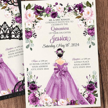 50Pcs Blank Pearlized Black Crown Invitations for Quinceanera, 15 year, Sweet 16, Miss XV, Birthday Laser Cut Quince Invitation Cards