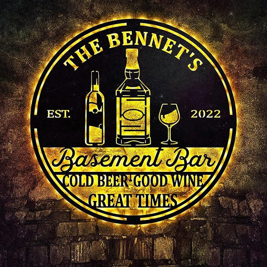 Custom Basement Bar LED Changing Lights Metal Sign, Door Wall Plaque, Rustic Bar Sign, Tasting Room Sign, Man Cave Decorations, Gift for Dad