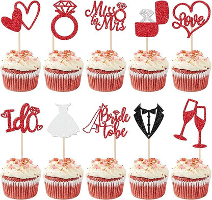 30 PCS Bride to Be Cupcake Toppers Glitter Miss to Mrs I Do Love Heart Ring Cupcake Picks Wedding Bridal Shower Cake Decorations for Wedding Engagement Bachelorette Party Supplies Red