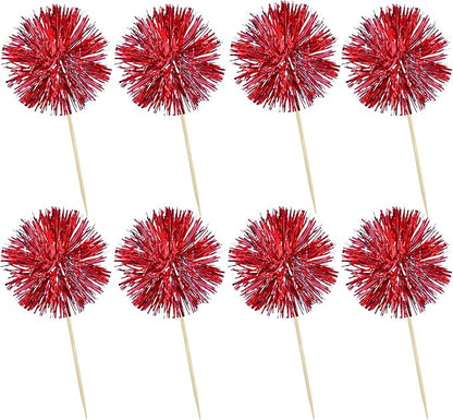 Ephlyn 30Pcs Foil Firework Cupcake Toppers Sparkle Tinsel Cupcake Picks Happy Birthday Cake Toppers Drink Stirrers Cocktail Food Fruit Toothpicks for Baby Shower Birthday Party Supplies Red