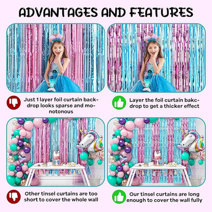 2 Pack 3.3x8.2 Feet Blue and Pink Foil Fringe Backdrop Curtains, Tinsel Streamers Birthday Party Decorations, Fringe Backdrop for Graduation, Baby Shower, Gender Reveal, Disco Party