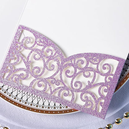 PONATIA 20 PCS Laser Cut Wedding Invitations Pockets with Envelopes for Wedding Party Bridal Shower Engagement Birthday Invite (Purple Glitter)