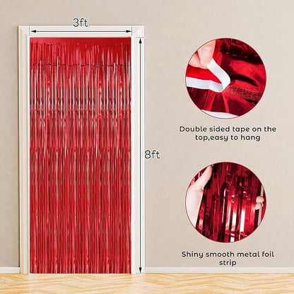 BTSD-home 10 Pack Red Foil Fringe Curtain, Metallic Photo Booth Backdrop Tinsel Door Curtains for Wedding Birthday Bridal Shower Valentine Bachelorette Christmas Party Decorations(8ft x 3ft)