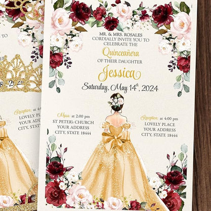 50Pcs Gold Crown Quinceanera Invitation for 15 year, Sweet 16, Miss XV, Birthday Laser Cut Quince Invitation Cards Personalized Glitter Gold