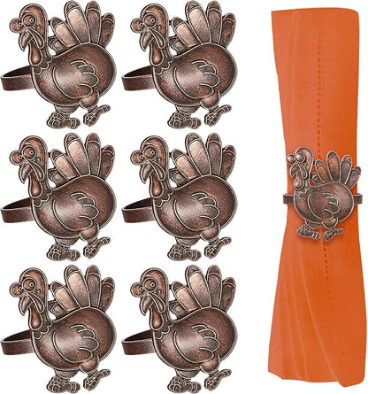 Halatool Thanksgiving Bronze Turkey Napkin Rings Set of 6, Funny Metal Festival Napkin Holders for Thanksgiving Weddings Holidays Gathering Dinner Party Decorations
