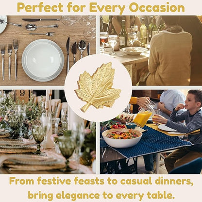 Set of 12 Maple Leaf Napkin Rings - Handcrafted Aluminum Napkin Holders for Cloth & Paper Napkins, Elegant Table Décor for Weddings, Thanksgiving, Christmas & Holiday Parties (Gold) - CLEENTABLE