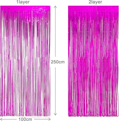 Foil Fringe Curtain Party Decorations - Hot Pink Photo Backdrop Tinsel Steamers Curtains for Tropical Hawaiian Theme Birthdays Christmas Valentine Bachelorette Parties