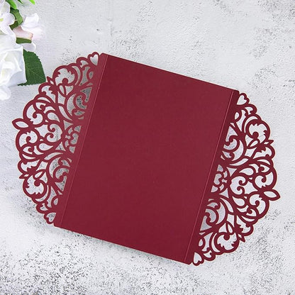 20Pcs Burgundy Laser Cut Invitation Cards With Blank Inner Sheets for Wedding Cards Bridal Shower Engagement Quinceanera Invitation (No Envelopes)