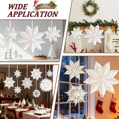 10 Pcs Christmas Paper Snowflake Lanterns, Large Christmas Paper Star Lanterns with LED Lights White Hanging Snowflake Lamp Ornaments for Xmas Winter Frozen Weddings Birthday Holiday Party Decorations