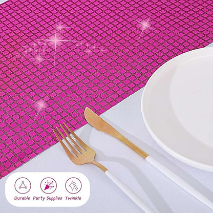 Durony 2 Pack Disco Table Runner 11 x 108 Inch Mirror Hot Pink Glitter Foil With Sparkle Sequin for Bachelorette, 70s, Cowgirl Party Decorations