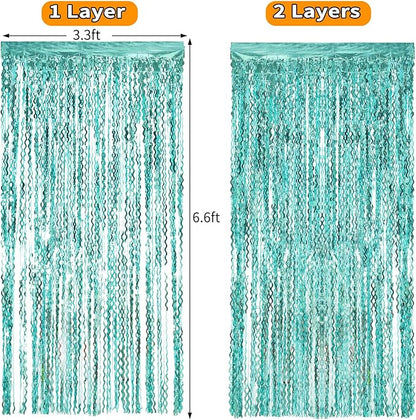 4 Pack 3.3 ft x 6.6 ft Wavy Aqua Teal Blue Tinsel Foil Fringe Curtains Backdrop - Wave Metallic Foil Curtains for Wedding Girl Princess Bachelorette Euphoria Theme Party Decoration