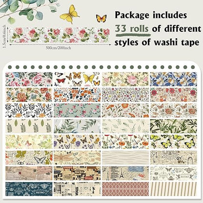 TaoBary 33 Rolls Holiday Plaid Washi Tape, 15 mm Seasonal Washi Tape Set Bohemian Colorful Vintage Cute for Card Wrapping Craft(Vintage Style)