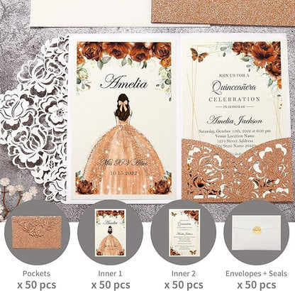 DORIS HOME 50pcs Laser Cut Quinceanera Invitations Terracotta Glitter, 4.7x7.1 Personalized Quince Invitations for 15th Birthday, Invitation cards for Sweet 16 with Envelopes