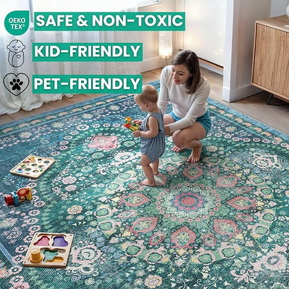 Bloom Rugs Washable Non-Slip 5' x 7' Rug - Green Traditional Medallion Area Rug for Living Room, Bedroom, Dining Room, and Kitchen - Exact Size: 5' x 7'