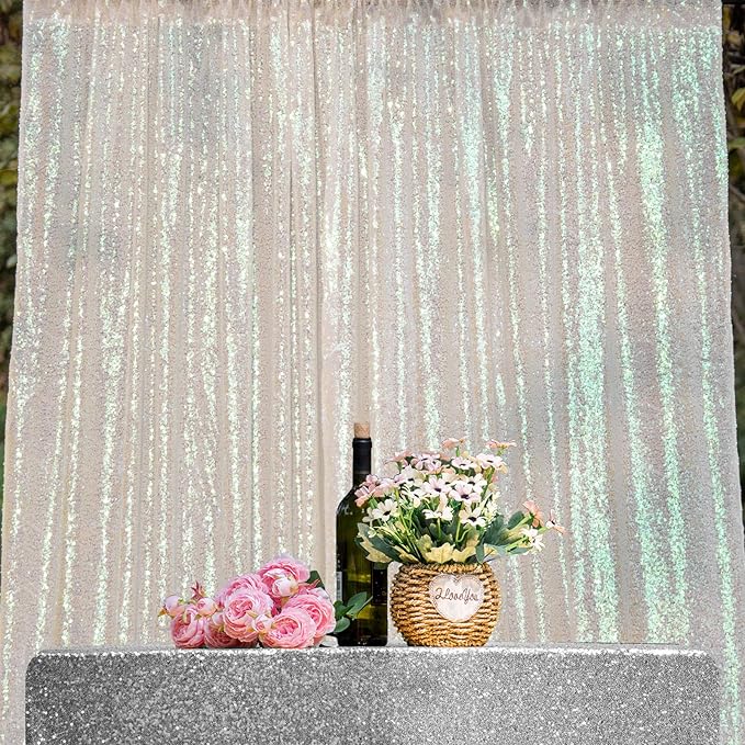 JYFLZQ White Iridescent Sequin Backdrop Curtains 6ft x 8ft 1 Panel Glitter Photo Booth Backdrops Sparkly Photography Background Drapes for Parties Wedding Bridal Showers