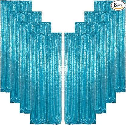 ShinyBeauty Turquoise Curtains 8 Panels, 2Ftx8Ft, Glitter Photograph Backdrops, Blue Backdrop Curtain for Parties,Birthday Decor,Sequin Background