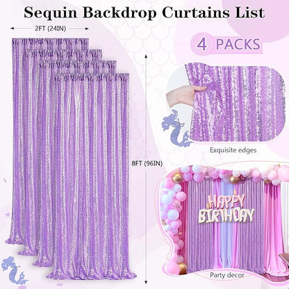 Lavender Sequin Backdrop Drapes 4 Panels 2FTx8FT Glitter Backdrop Curtains for Wedding Party Stage Decorations