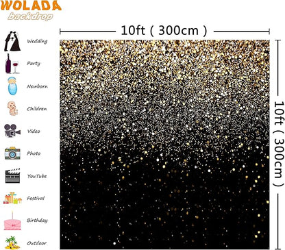 WOLADA Black and Gold Backdrop Golden Glitter Backdrop for Photography Wedding Birthday Baby Shower Party Photo Studio 10x10FT 11176