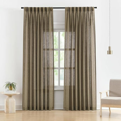 Vision Home Brown Pinch Pleated Semi Sheer Curtains Textured Linen Blended Light Filtering Window Curtains 108 inch for Living Room Bedroom Pinch Pleat Drapes with Hooks 2 Panels 9ft 40" Wx108 L