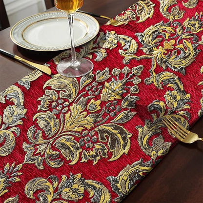 Exquisite Red Table Runner Large 108 inch Tassels Dazzling Vintage European Floral Chenille Fabric