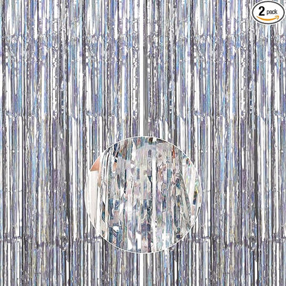 PartyWoo Foil Fringe Curtains Silver, 2 pcs 3.3x6.6 ft Silver Streamers, Fringe Backdrop, Tinsel Backdrop, Tinsel Curtain, Metallic Door Shimmer, Birthday Party Streamers, Christmas Decorations