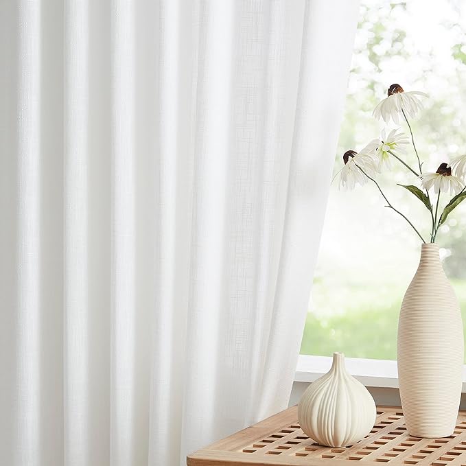 Vision Home White Pinch Pleated Semi Sheer Curtains Textured Light Filtering Window Curtains 90 inch for Living Room Bedroom Patio Rayon Blended Pinch Pleat Drapes with Hooks 1 Panel 60" Wx90 L
