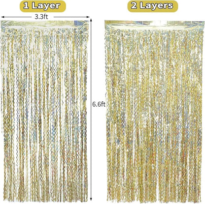 4 Pack Wavy Sparkle Champagne Gold Metallic Tinsel Foil Fringe Curtains Photo Booth Backdrop | Gold Streamer Backdrop for Holiday Celebration Bachelorette Party Decorations
