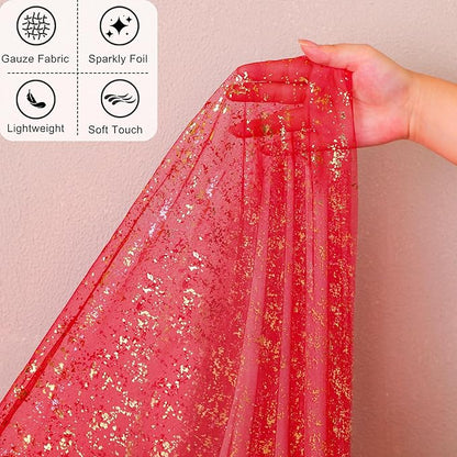 Snowkingdom 10FT Red Gold Table Runner, Sequin Glitter Sheer Chiffon Gauze Cheesecloth Runner 120 Inch, Red and Gold Party Decorations for Wedding Anniversary Birthday Graduation Christmas Holiday
